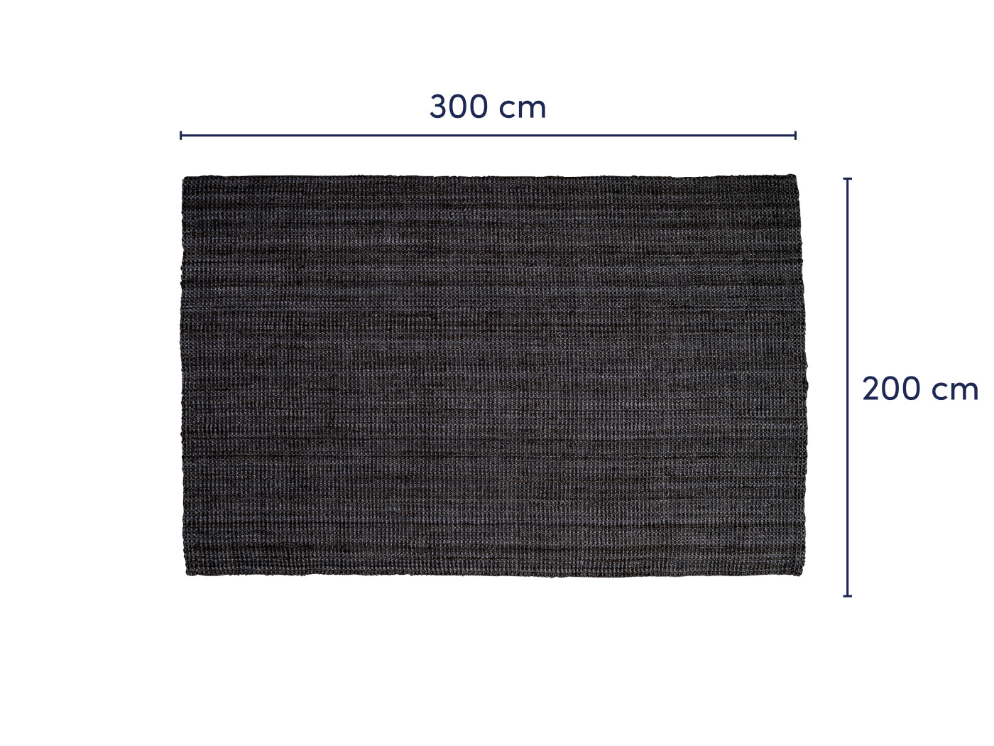 Rectangular dark grey woven rug, measuring 300 cm by 200 cm, with detailed texture and horizontal pattern.
