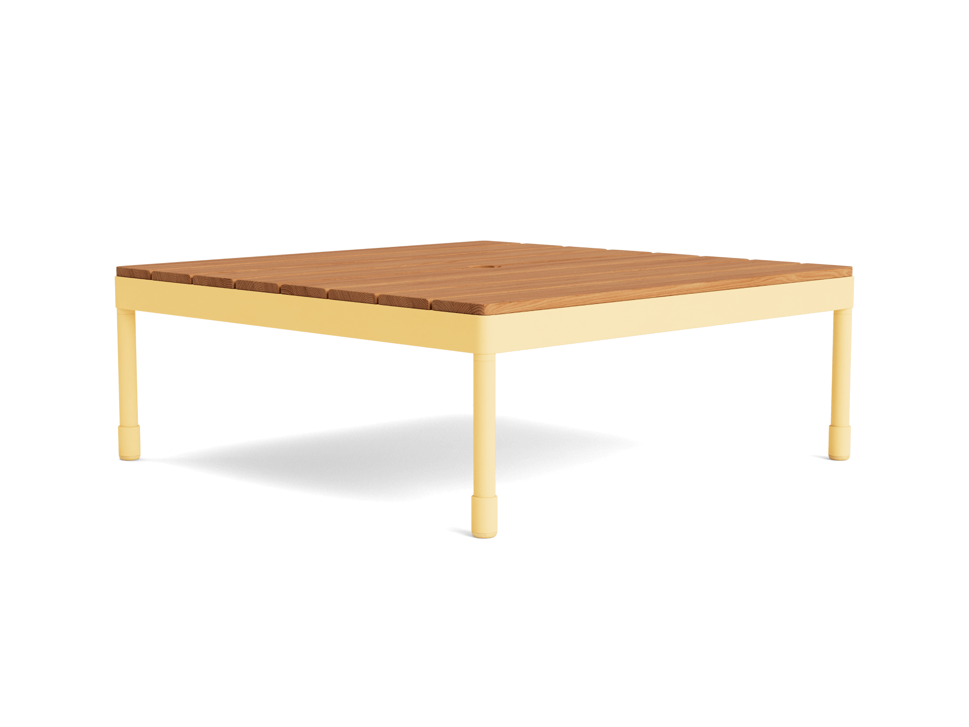 Square coffee table with a light brown wooden top and a cream frame, featuring sturdy legs. Modern minimalist design.