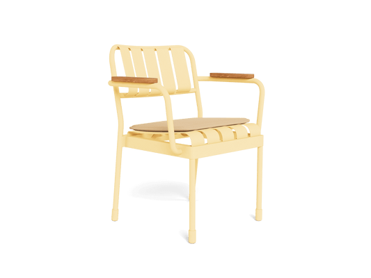 Yellow metal chair with wooden armrests, featuring slatted back and seat. Modern outdoor furniture design.