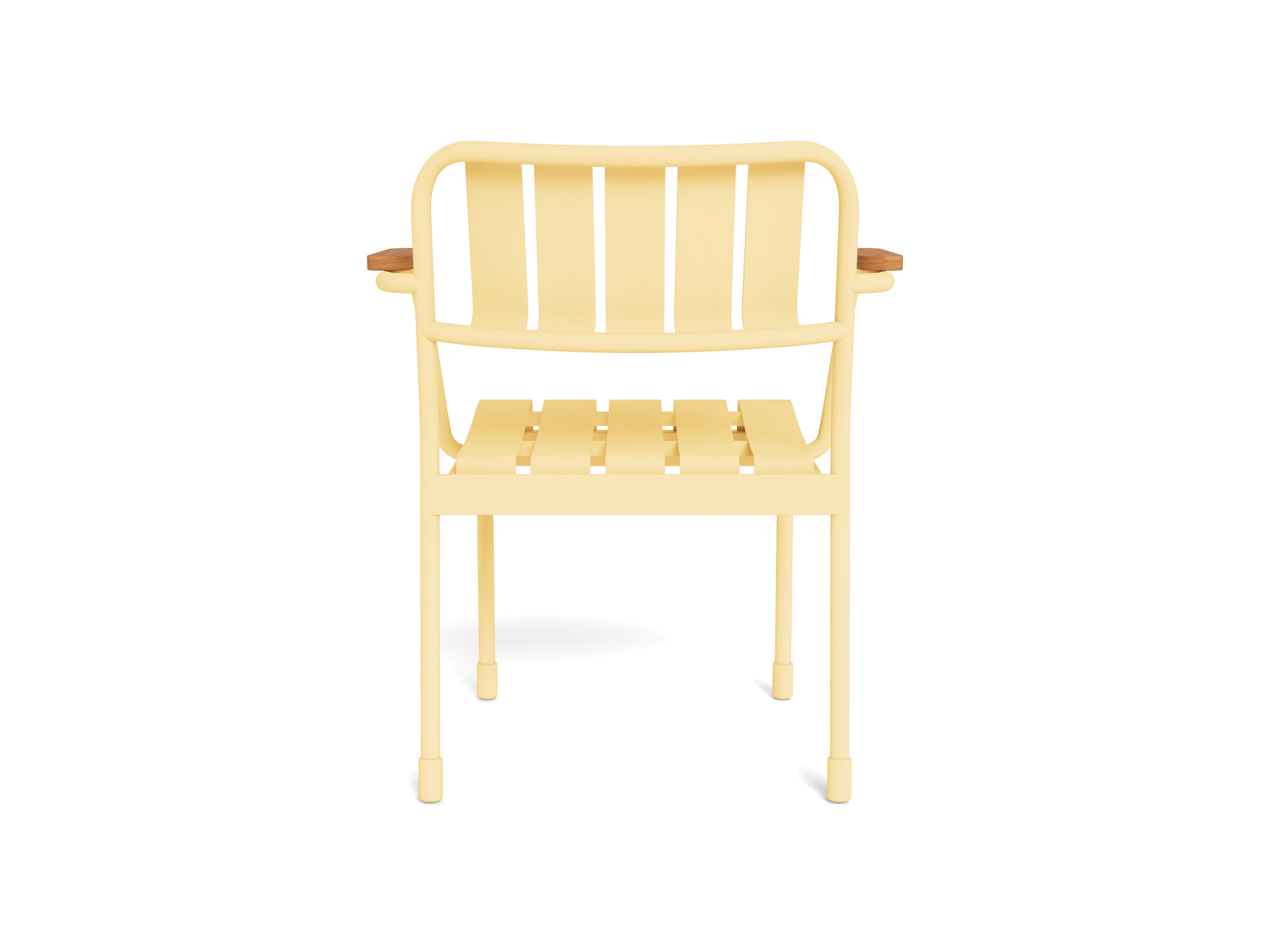 Yellow metal chair with slatted design and wooden armrests, viewed from the front against a white background.