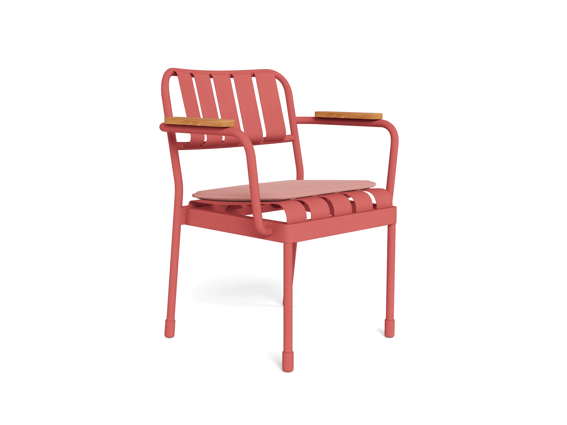 Coral outdoor chair with slatted back and seat, featuring wooden armrests and a minimalist design.