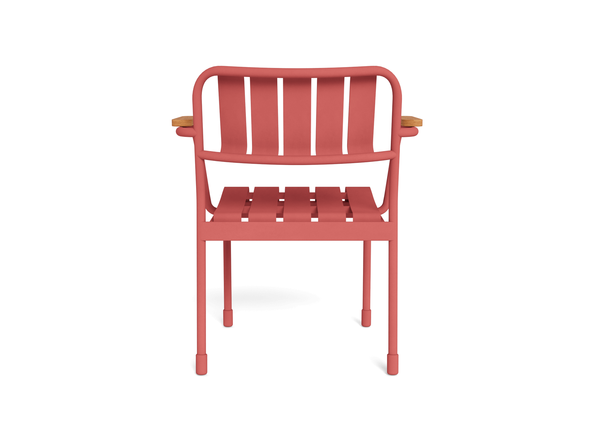 Red outdoor chair with a slatted back and seat, rounded armrests, and tubular metal frame. Modern design suitable for patio or garden.