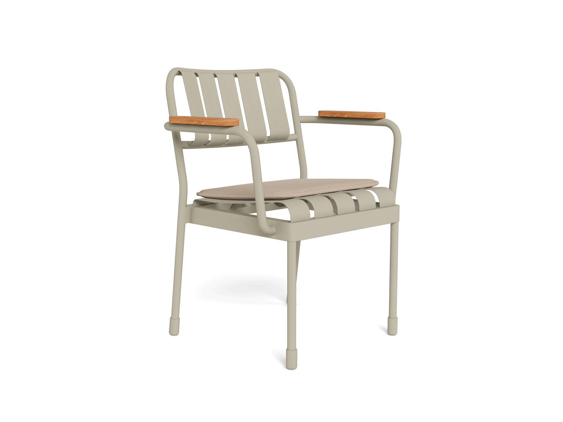 Light grey metal chair with a slatted design and wooden armrests. Perfect for outdoor patio or garden. Modern, sleek, and stylish seating.