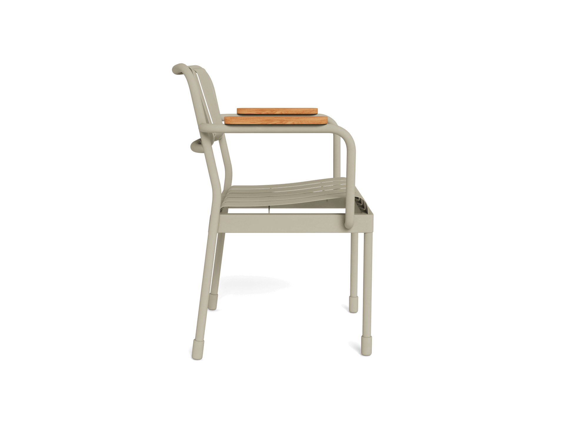 Side view of a light grey outdoor chair with a slatted seat and a wooden armrest.