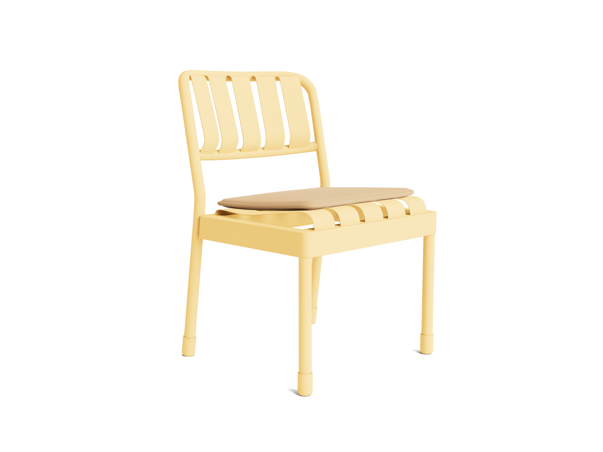 Yellow slatted chair with a beige cushion, featuring a minimalist design. Made of sturdy material, ideal for indoor or outdoor use.