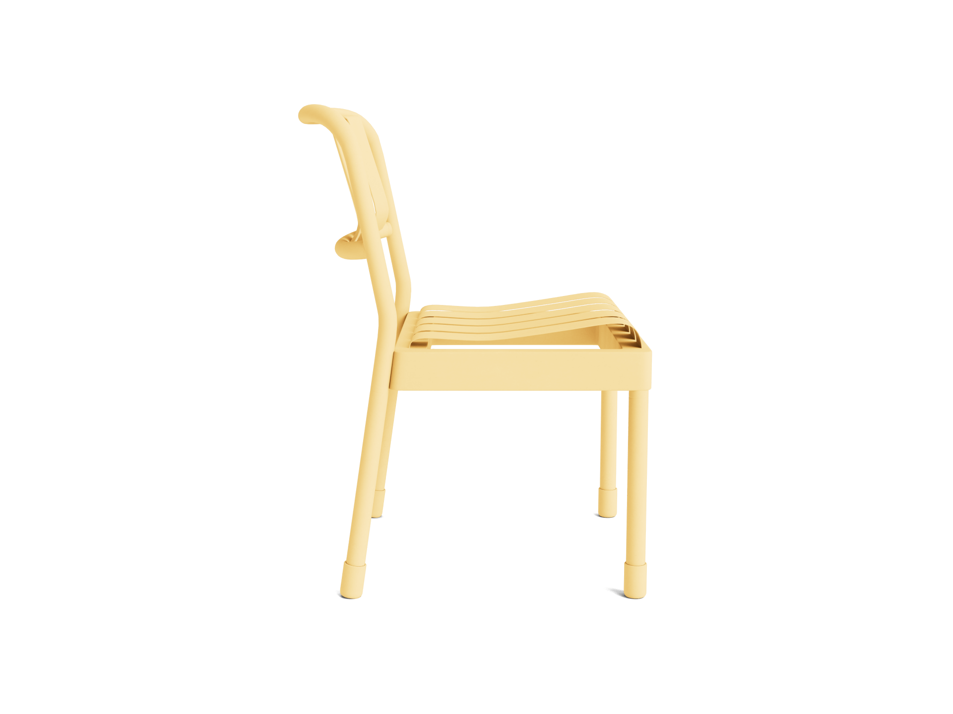 Side view of a light yellow, minimalist chair with a curved backrest and slatted seat, set against a plain background.