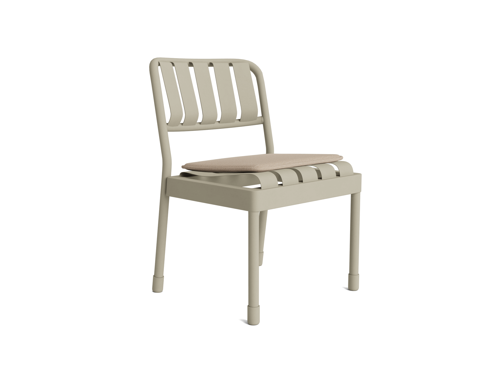 Light beige chair with slatted back and seat, featuring a removable cushion on the seat. Simple, modern design.