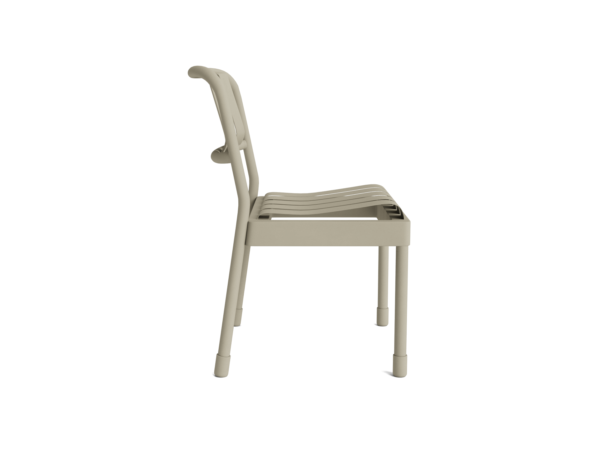 Beige modern plastic chair, side view. Simple design with curved backrest and slatted seat. Suitable for indoor or outdoor use.