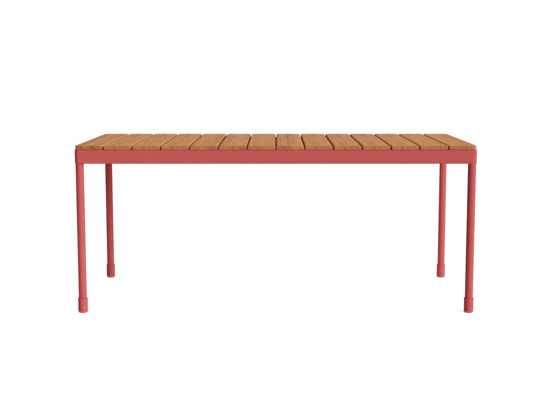 Red metal frame table with a light brown wooden slatted top. Simple, modern outdoor furniture design.