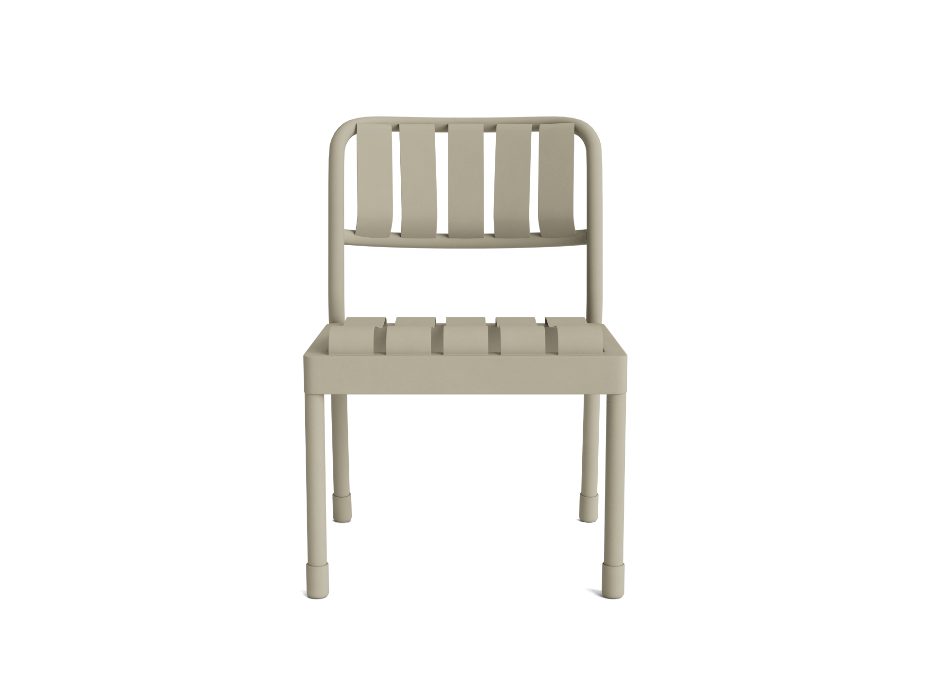 Light brown plastic chair with a slatted backrest and seat, featuring a minimalist design and four cylindrical legs.