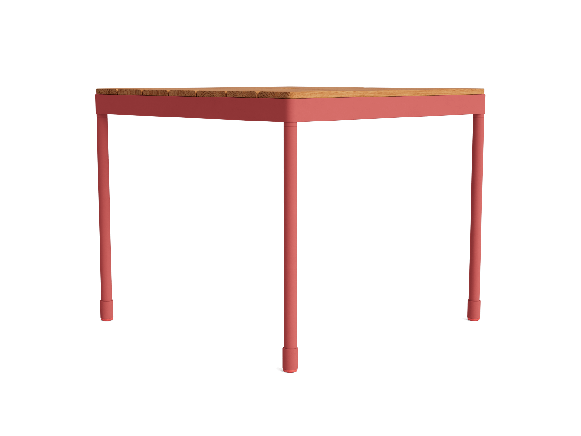 Wooden table with a light brown top and bright red legs. Simple and modern design.