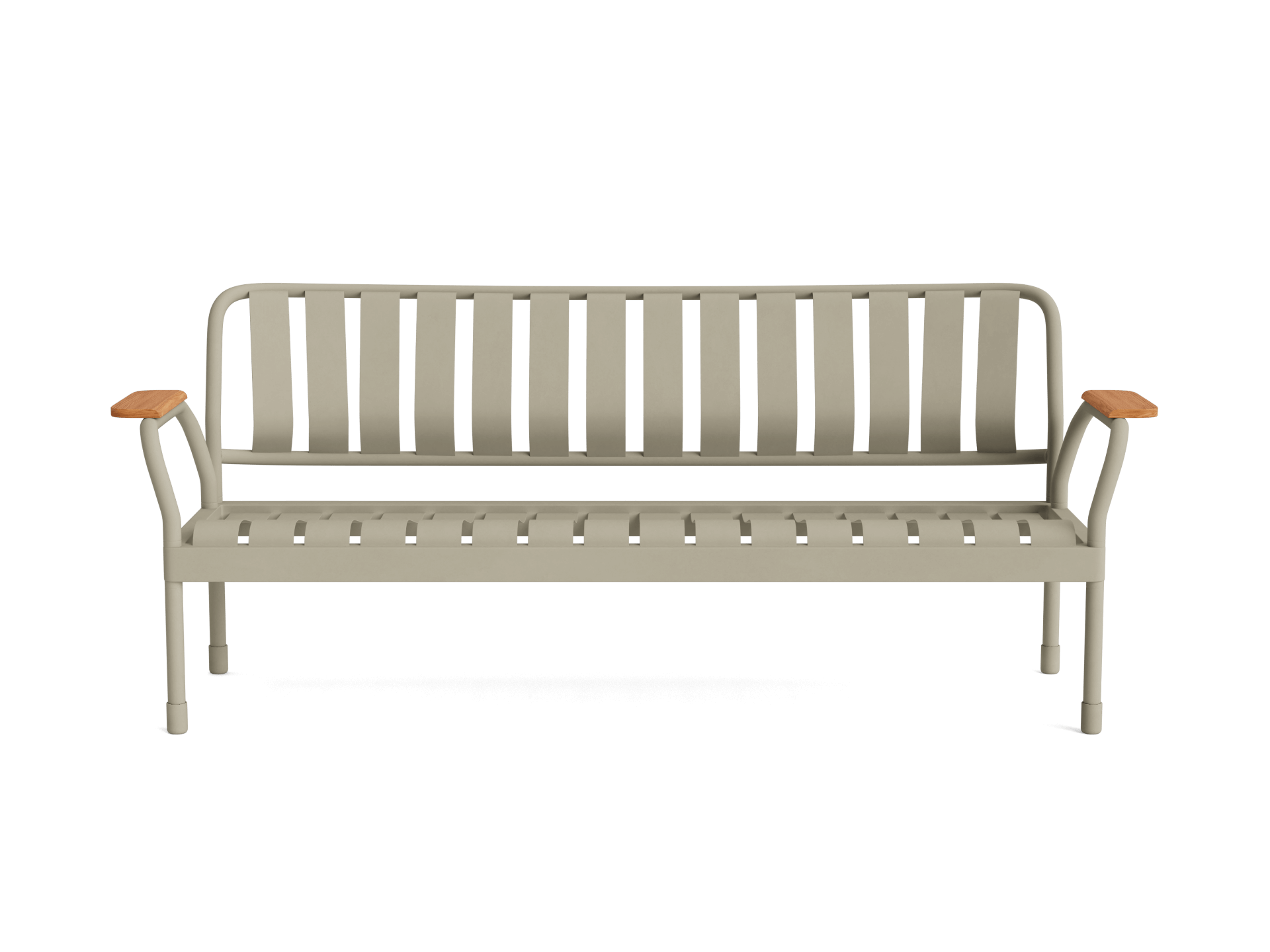 Outdoor bench with a light grey metal frame and wooden armrests. Simple slatted back and seat design. Contemporary garden furniture.
