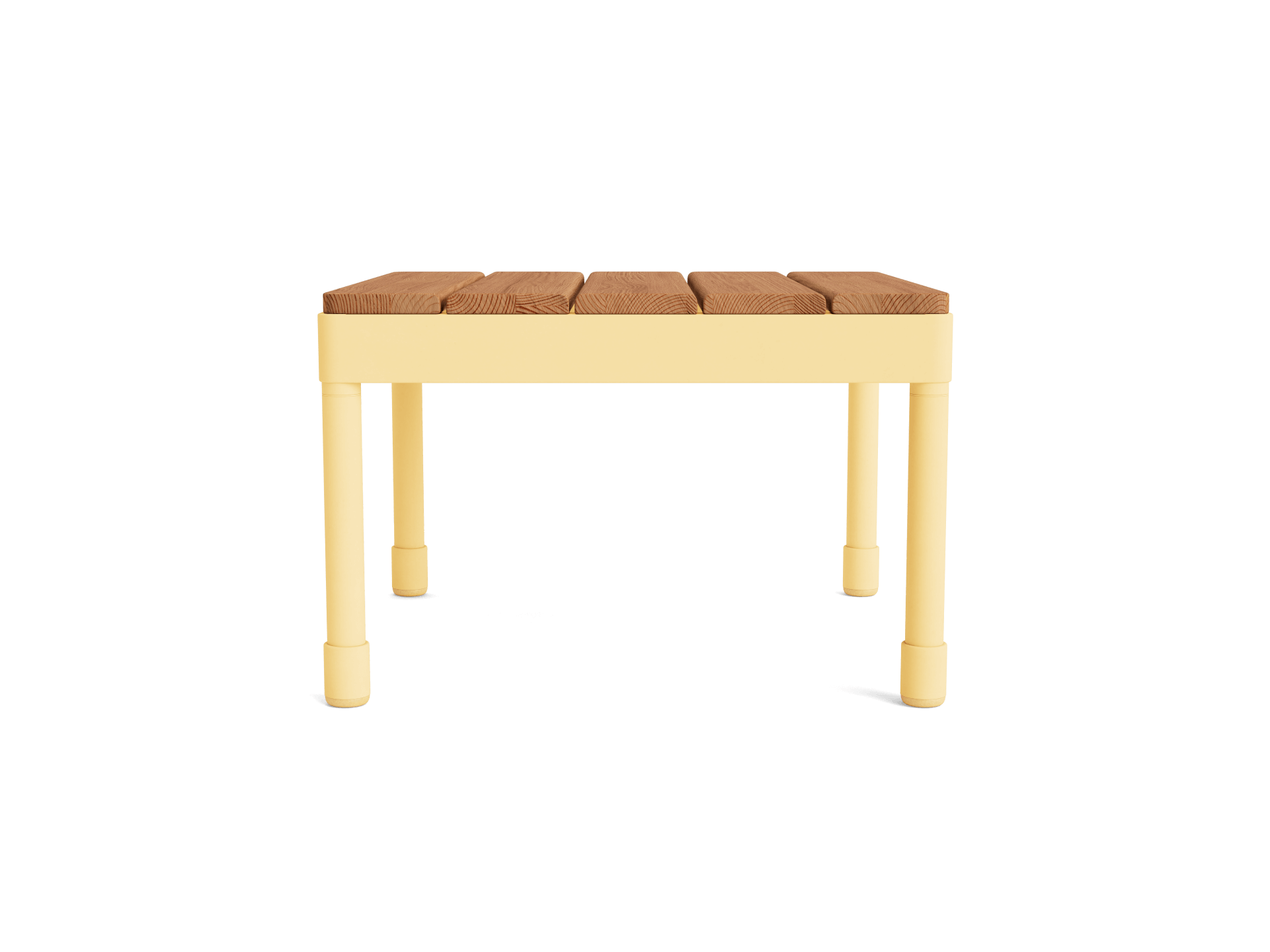 Yellow outdoor bench with a light wood slat seat and simple design. Perfect for garden or patio use.