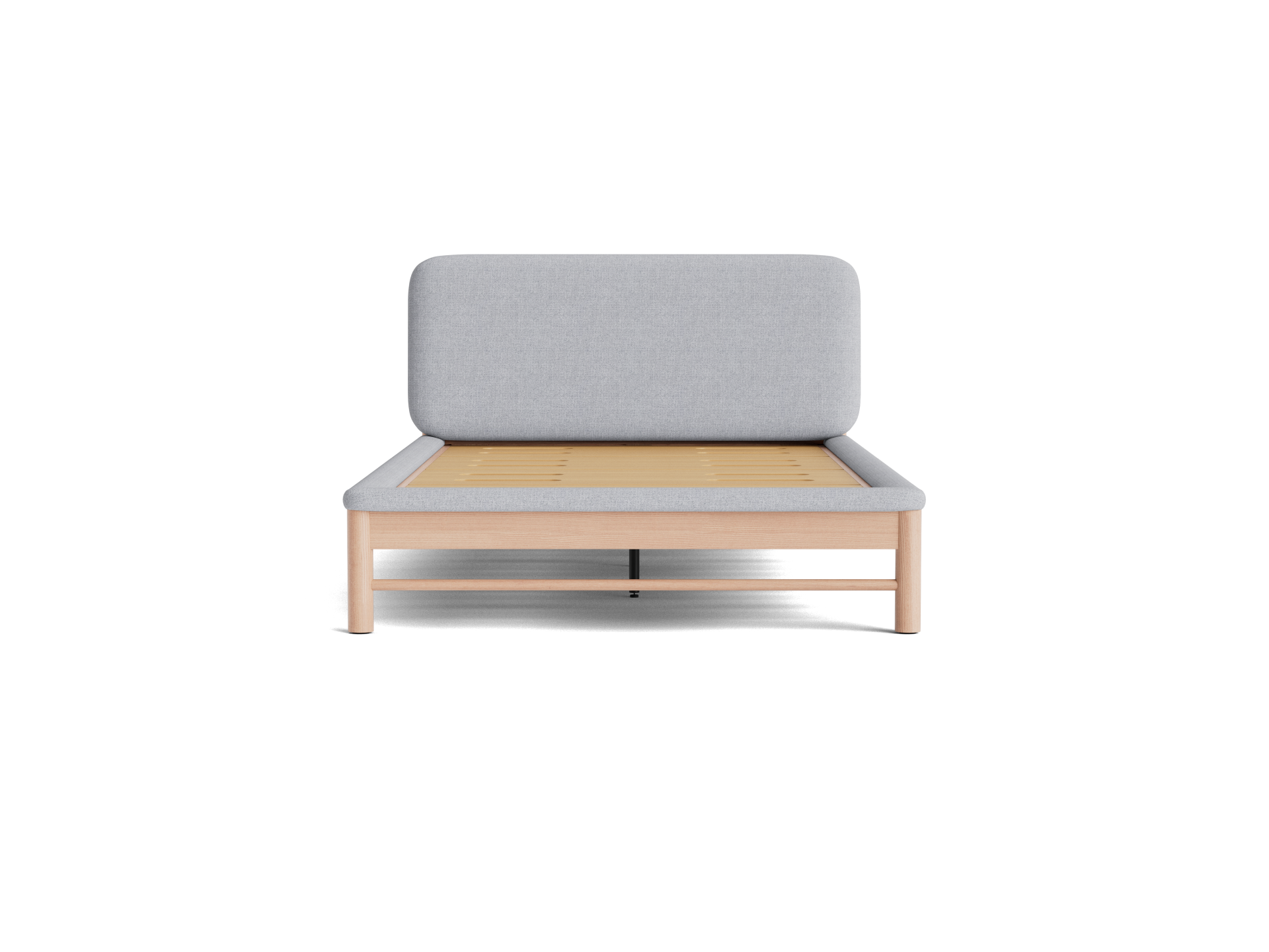 Light grey upholstered platform bed with a high headboard and a natural wood frame, viewed from the front. Minimalist bedroom furniture design.