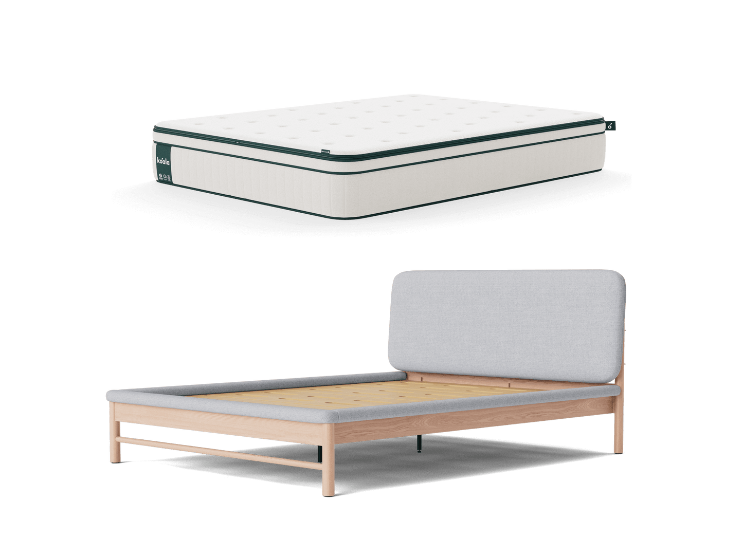 Mattress with white top and dark edges, paired with a wooden bed frame featuring a light grey upholstered headboard and base.