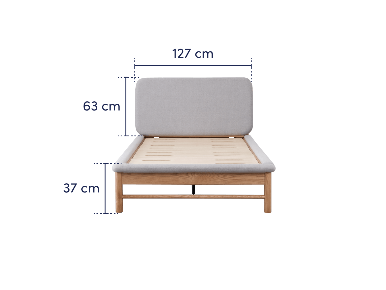 Wooden bed frame with a light grey fabric headboard. Dimensions: 127 cm wide, 63 cm high headboard, 37 cm high base.