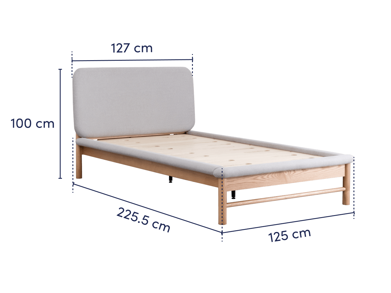 Light grey upholstered single bed with wooden frame. Dimensions: 127 cm width, 100 cm height, 225.5 cm length, 125 cm depth.
