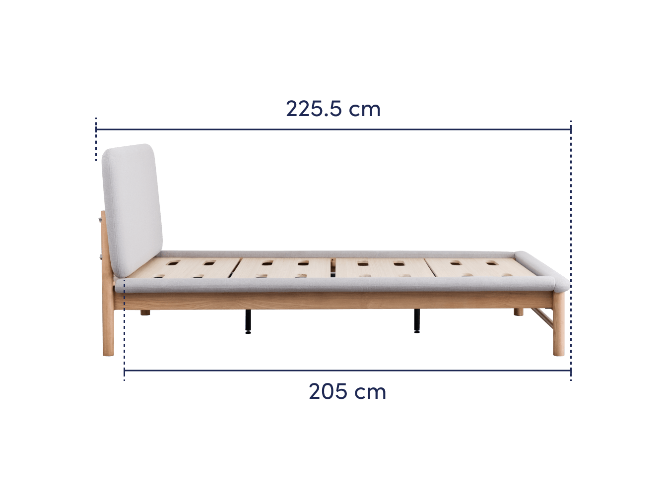 Wooden bed frame with beige fabric headboard, slatted base, and dimensions 225.5 cm by 205 cm.