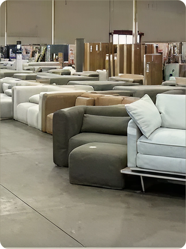 Koala sofas lined up in warehouse