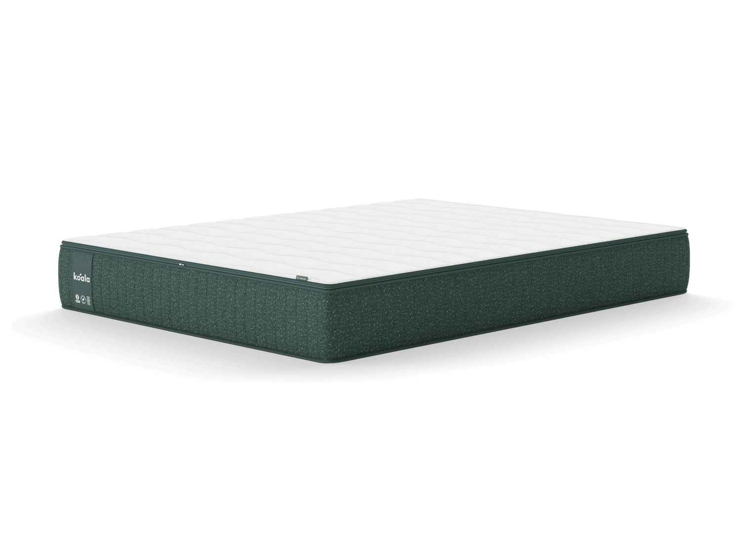 Dark green mattress with a white, quilted top. Rectangular shape on a plain white background.
