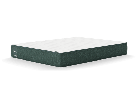 Dark green mattress with a white top, rectangular shape, and branded label on the side. Ideal for a comfortable bedding option.