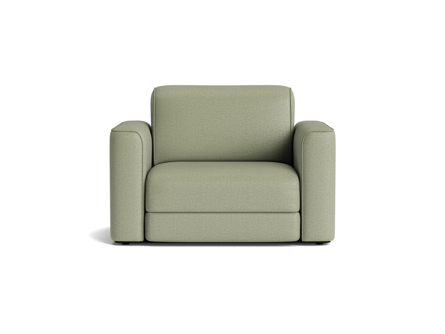 Sage green armchair with plush cushions and rounded armrests, on a solid black background. Ideal for modern living room décor.