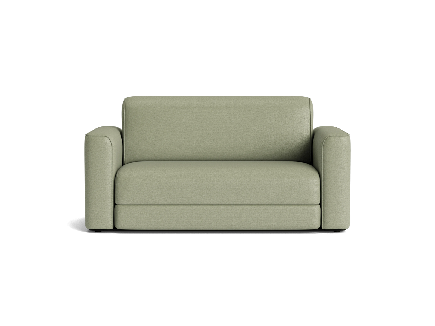 Light green loveseat with cushioned arms and minimalist design, suitable for modern living rooms. Ideal for compact spaces.