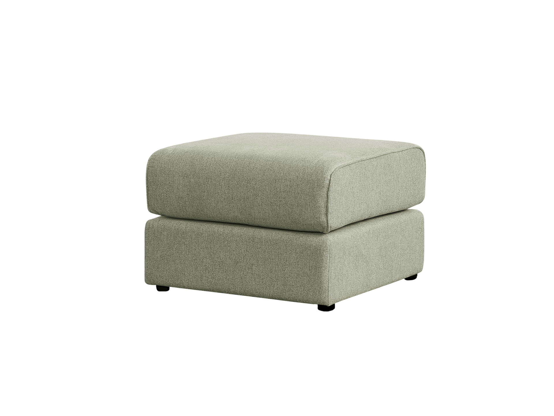 Light green fabric ottoman with a rectangular shape and low black feet, suitable for modern living rooms.