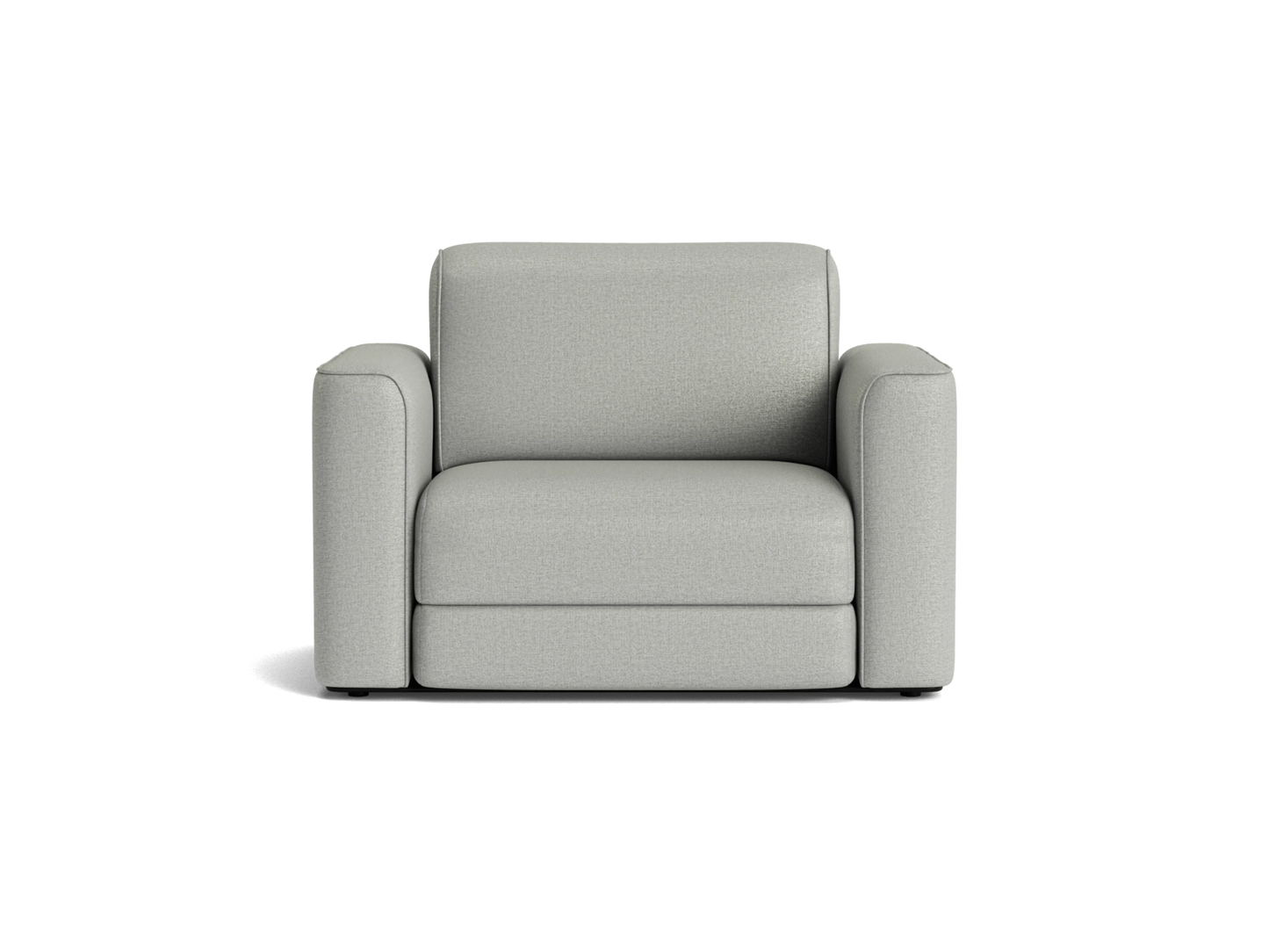 Light grey, modern armchair with wide armrests and plush cushions, set against a plain backdrop; perfect for contemporary living rooms.