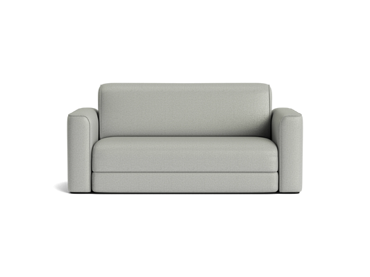 Light grey two-seater sofa with rounded armrests and minimalist design on a white background.