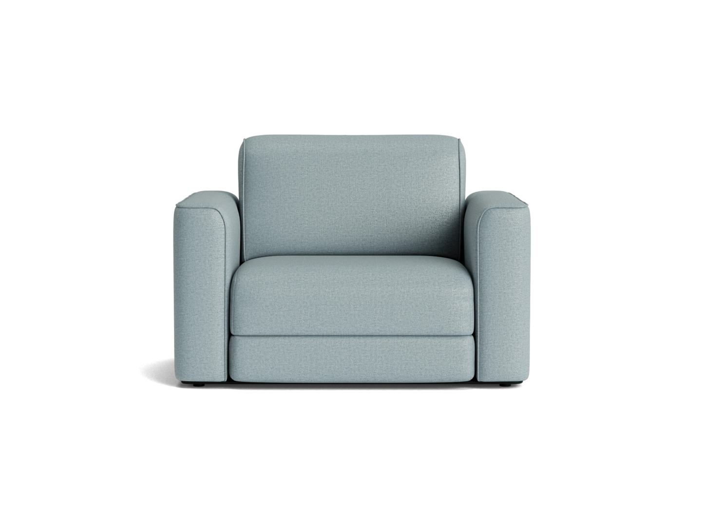 Light grey armchair with plush cushions and wide armrests on a white background.