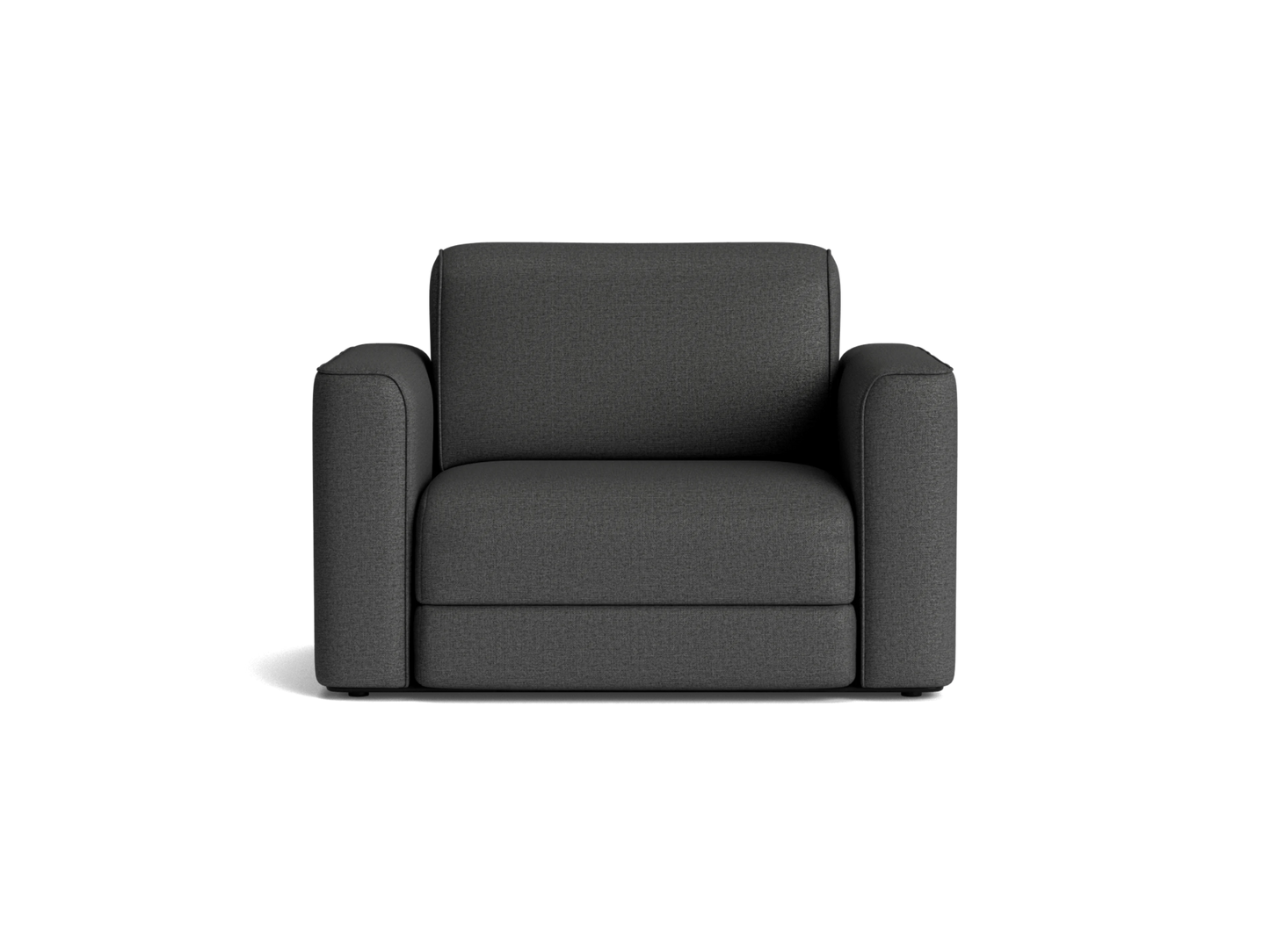 Dark grey armchair with a cushioned back and wide arms, suitable for modern living rooms. Simple, elegant design.