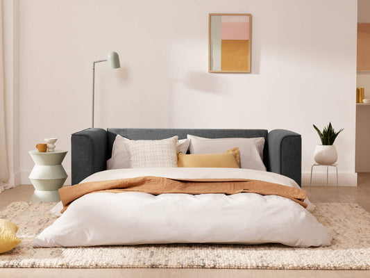 Modern living room with a dark grey sofa bed, white and beige bedding, minimalist decor, pastel artwork, and green indoor plants.