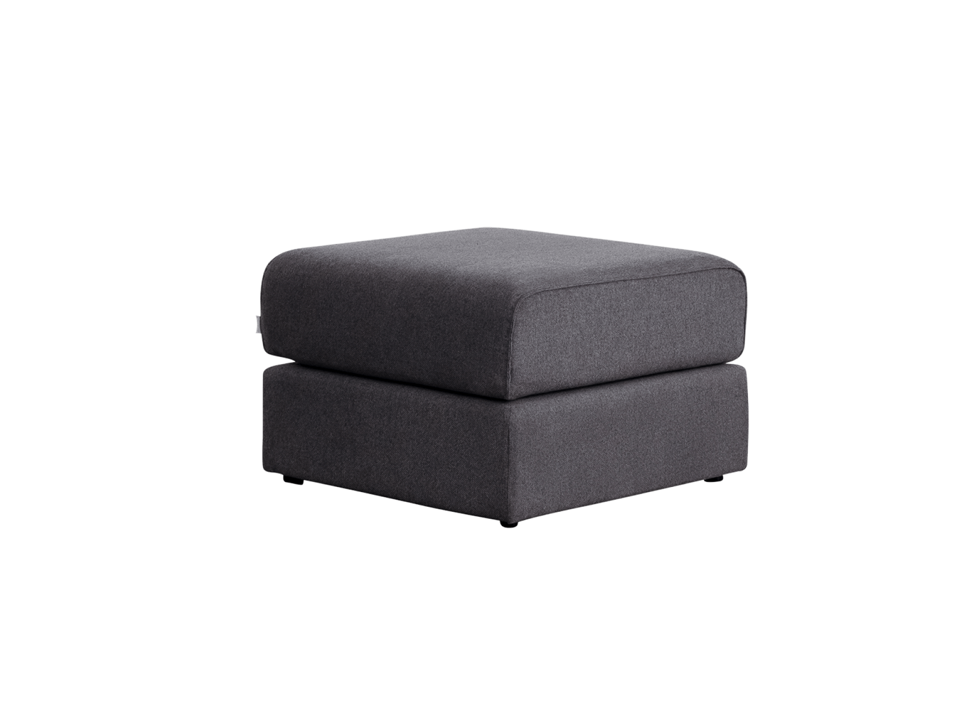 Dark grey ottoman with a square shape and cushioned top, suitable for modern living rooms.