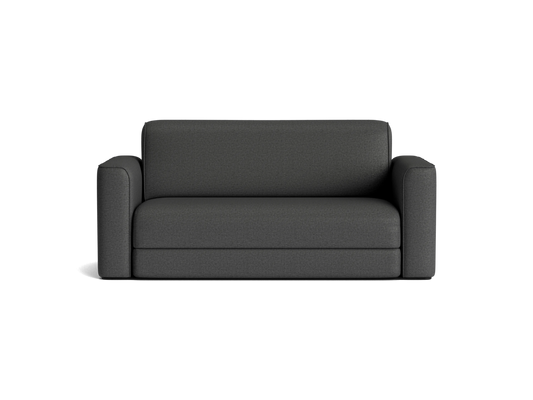 Dark grey two-seater sofa with rounded arms and cushioned backrest, set against a plain background.