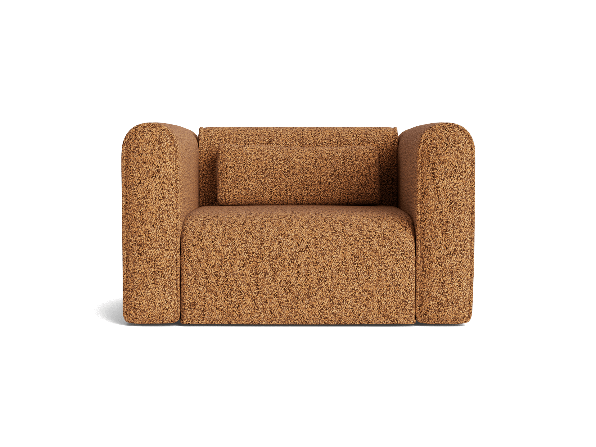 Brown armchair with rounded arms and textured fabric. It features a matching cylindrical cushion.