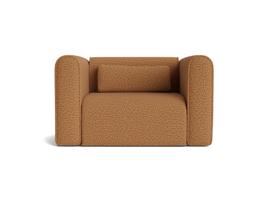 Brown armchair with rounded arms and textured fabric. It features a matching cylindrical cushion.