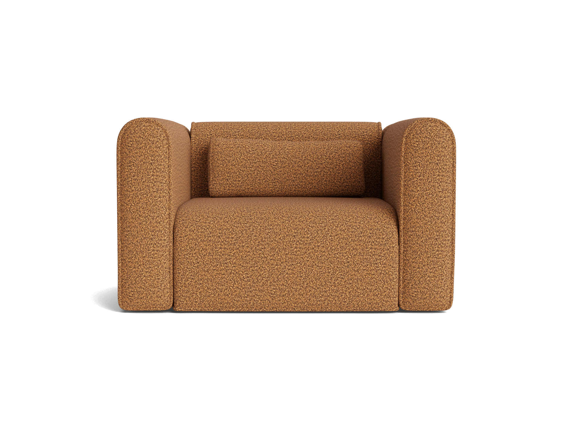 Tan armchair with rounded edges, plush fabric, and a matching cylindrical back cushion. Perfect for modern living room decor.