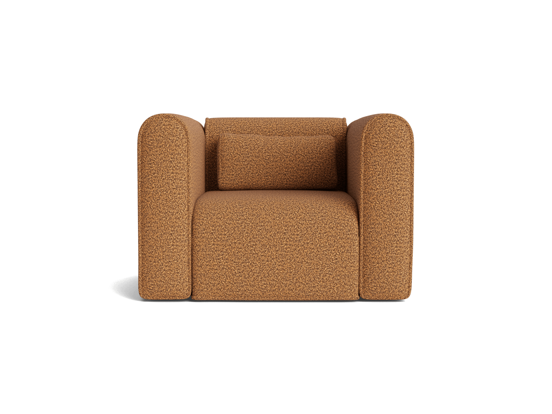 Brown armchair with rounded arms and plush cushion, featuring a textured fabric. Perfect for a cosy living space or office lounge.