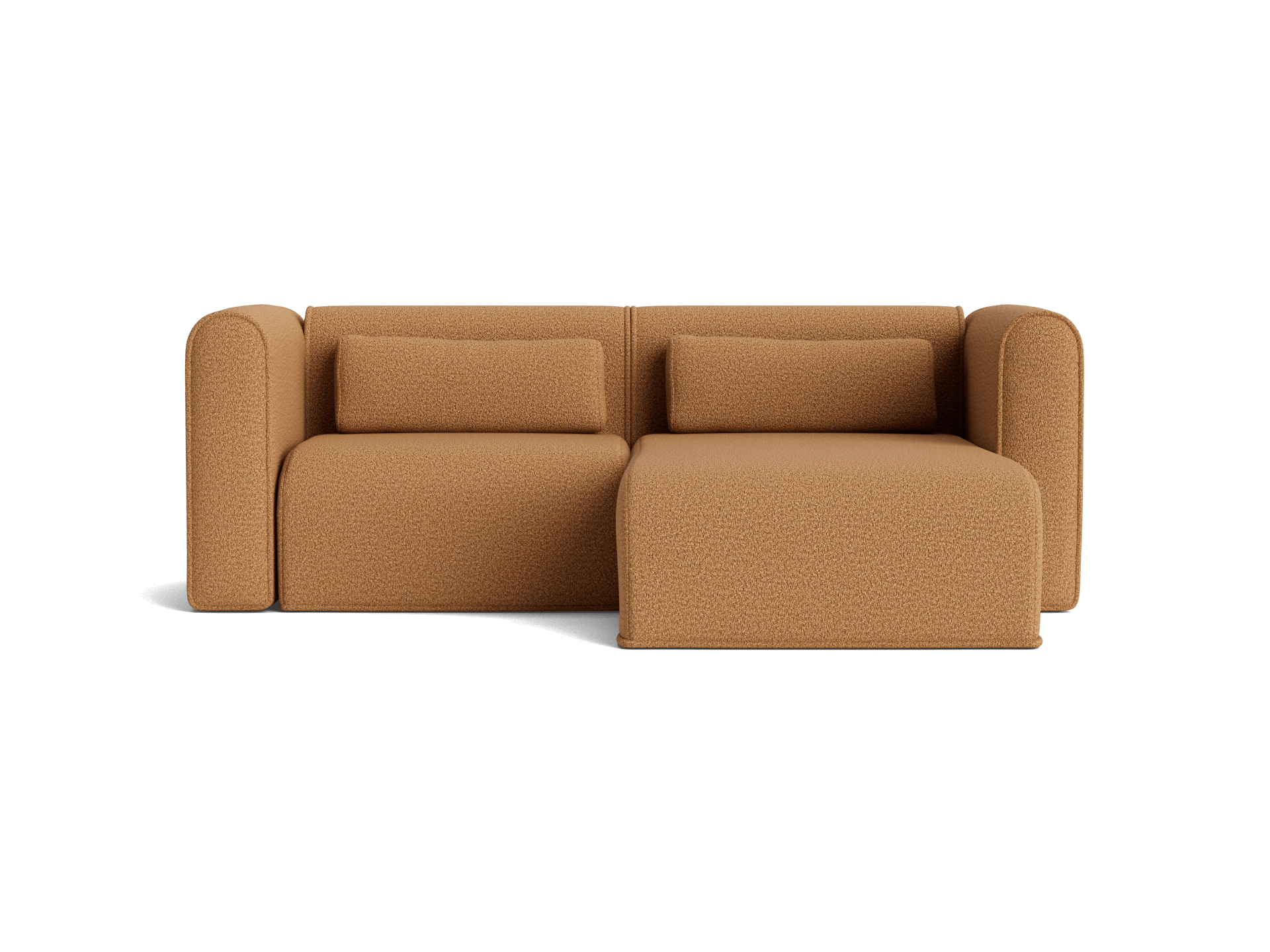Brown modular sofa with rounded arms and backrest, featuring two matching cushions.