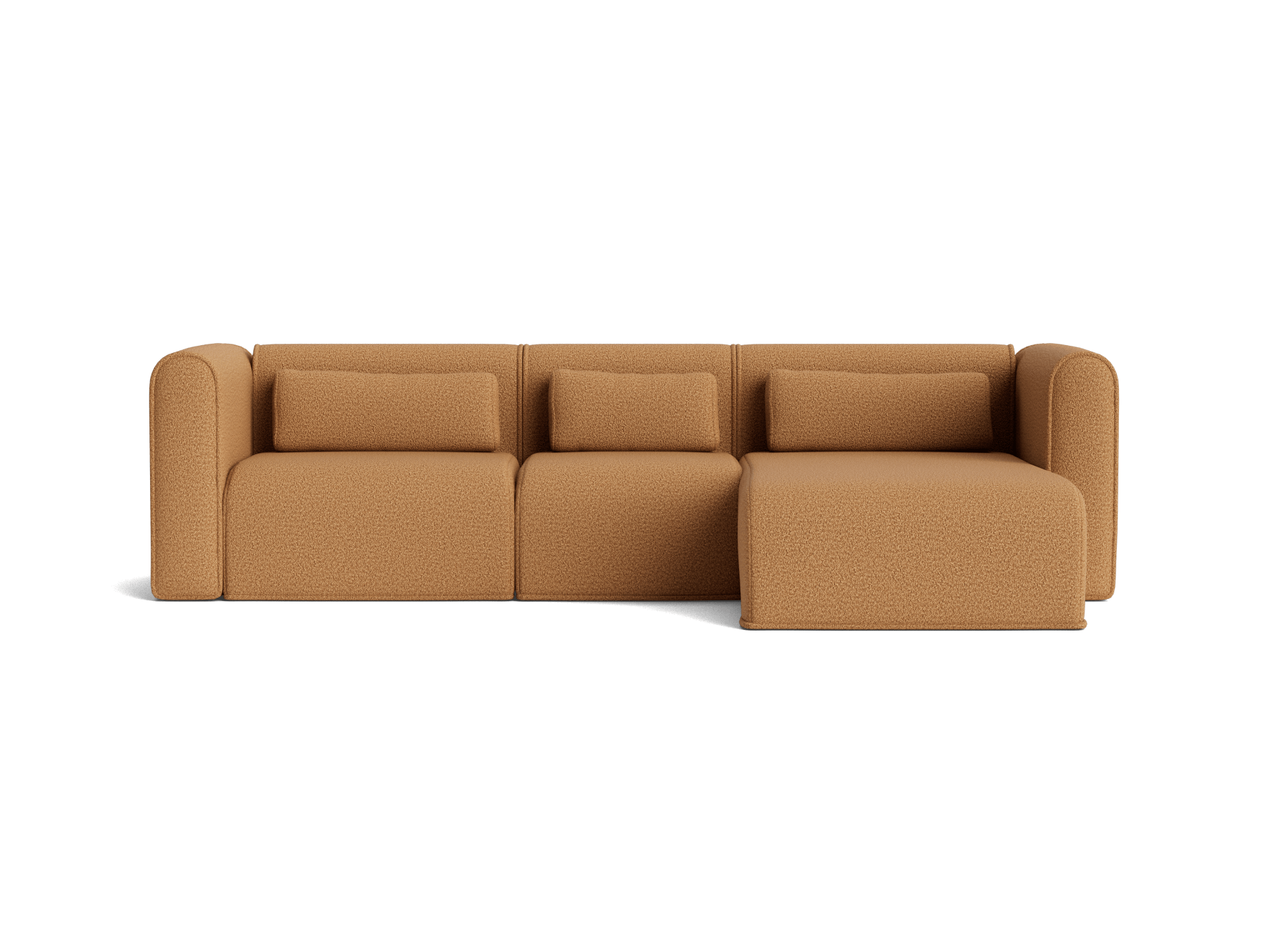 Tan modular sofa with soft cushions and an extended chaise on the right, featuring a minimalist design.