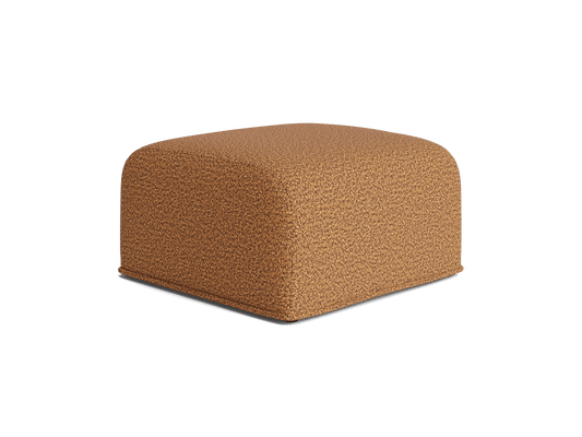 Brown upholstered ottoman with a textured fabric finish, featuring a square shape and rounded edges. Perfect for modern lounge rooms.