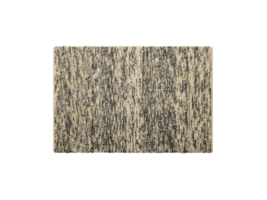 Textured beige and black rug with a vertical pattern.