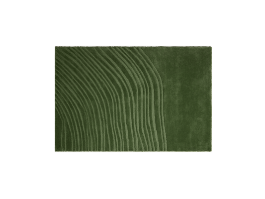 Dark green rectangular rug with curved, textured lines on one side, creating a subtle striped pattern. Perfect for modern home decor.