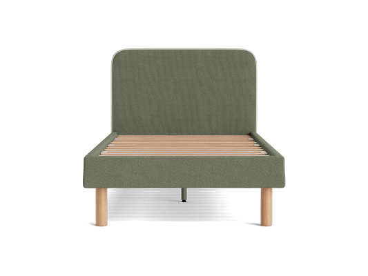 Olive green fabric bed frame with a high headboard, wooden slatted base, and light wood legs. Ideal for modern bedroom decor.