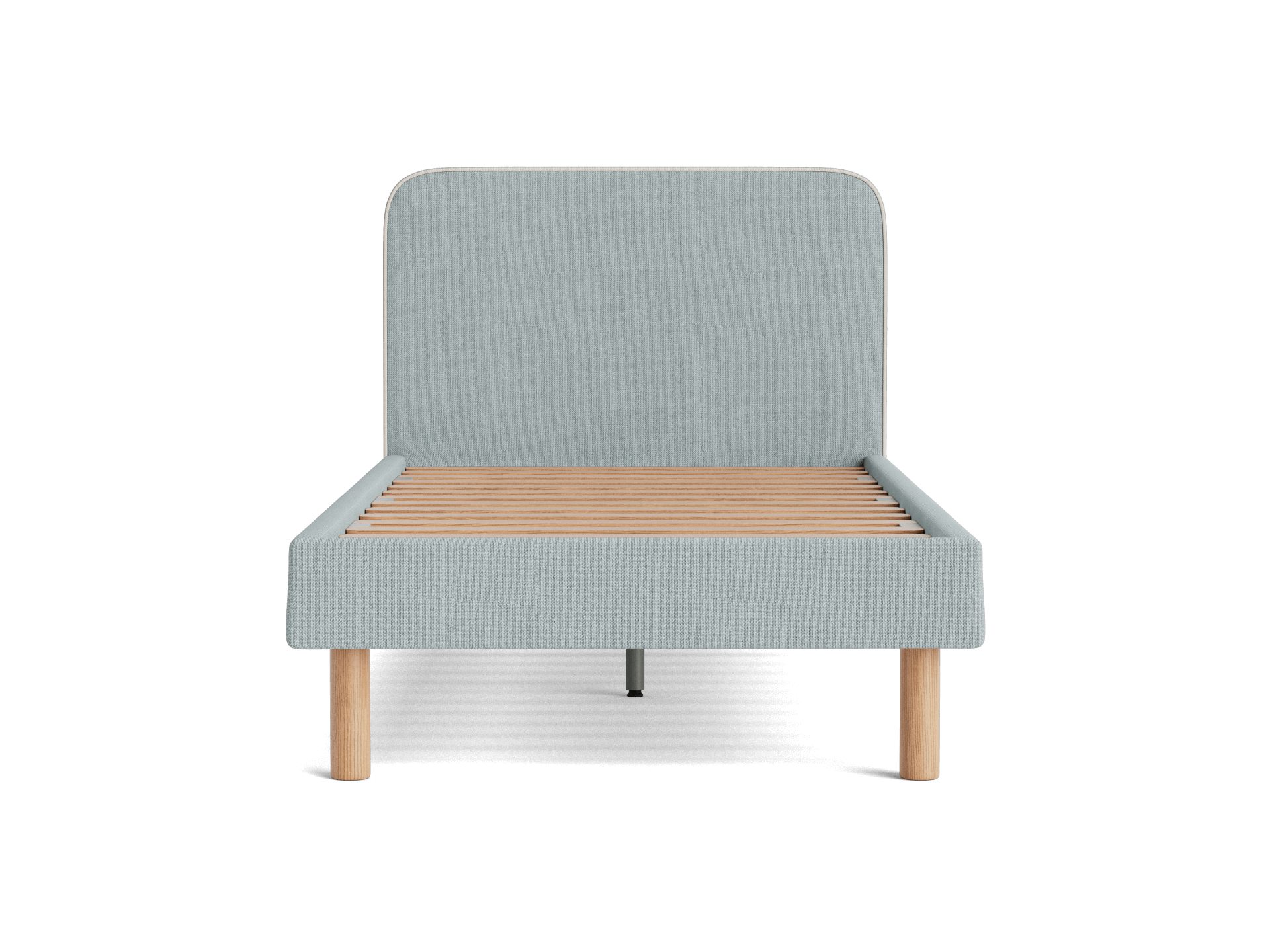 Light grey fabric bed frame with a tall headboard, featuring wooden slats and light wood legs. Simple, modern design ideal for a minimalist bedroom.