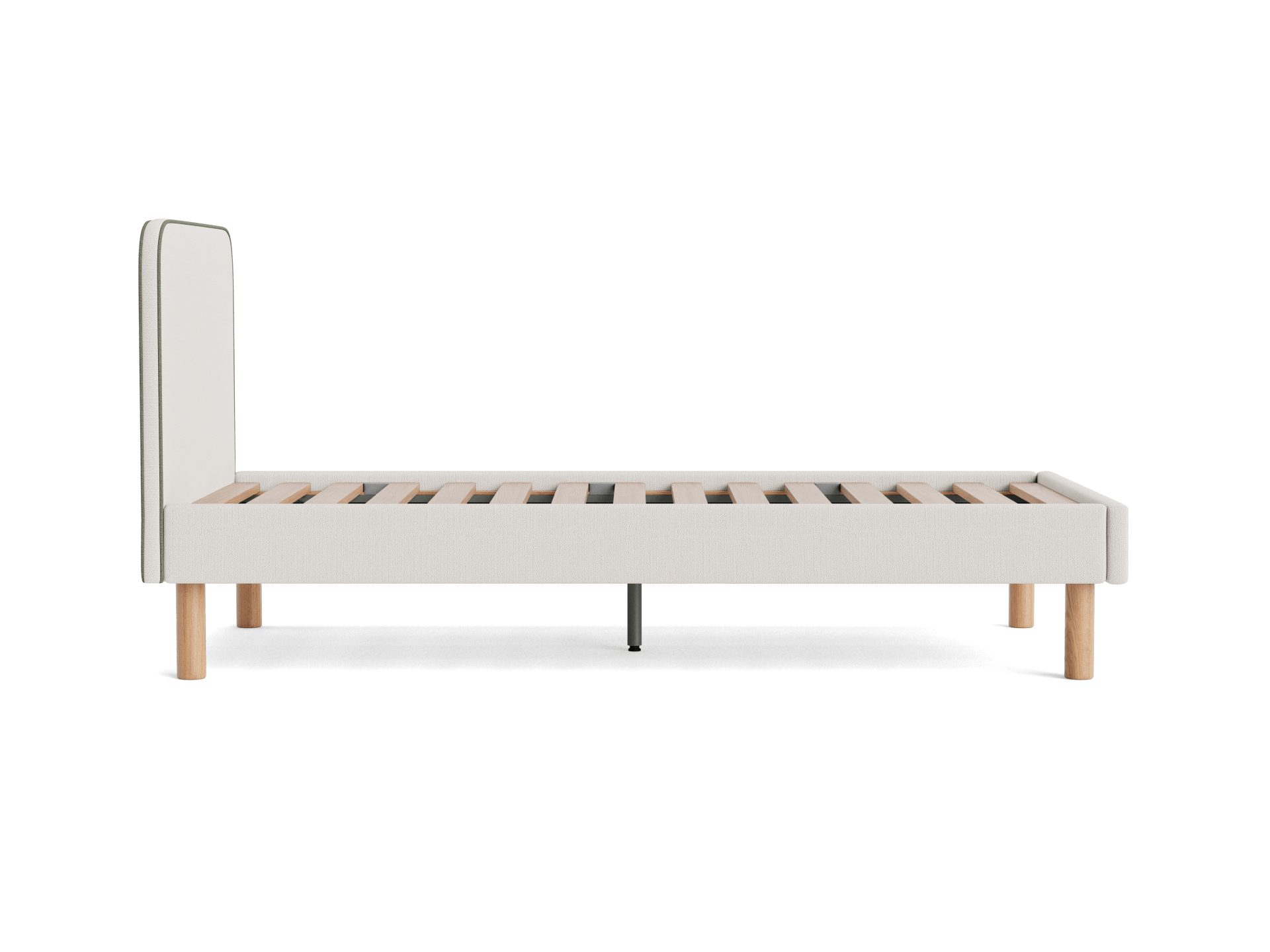 Minimalist platform bed with light grey upholstered frame, wooden slats, and natural wood legs. Ideal for modern bedroom decor.