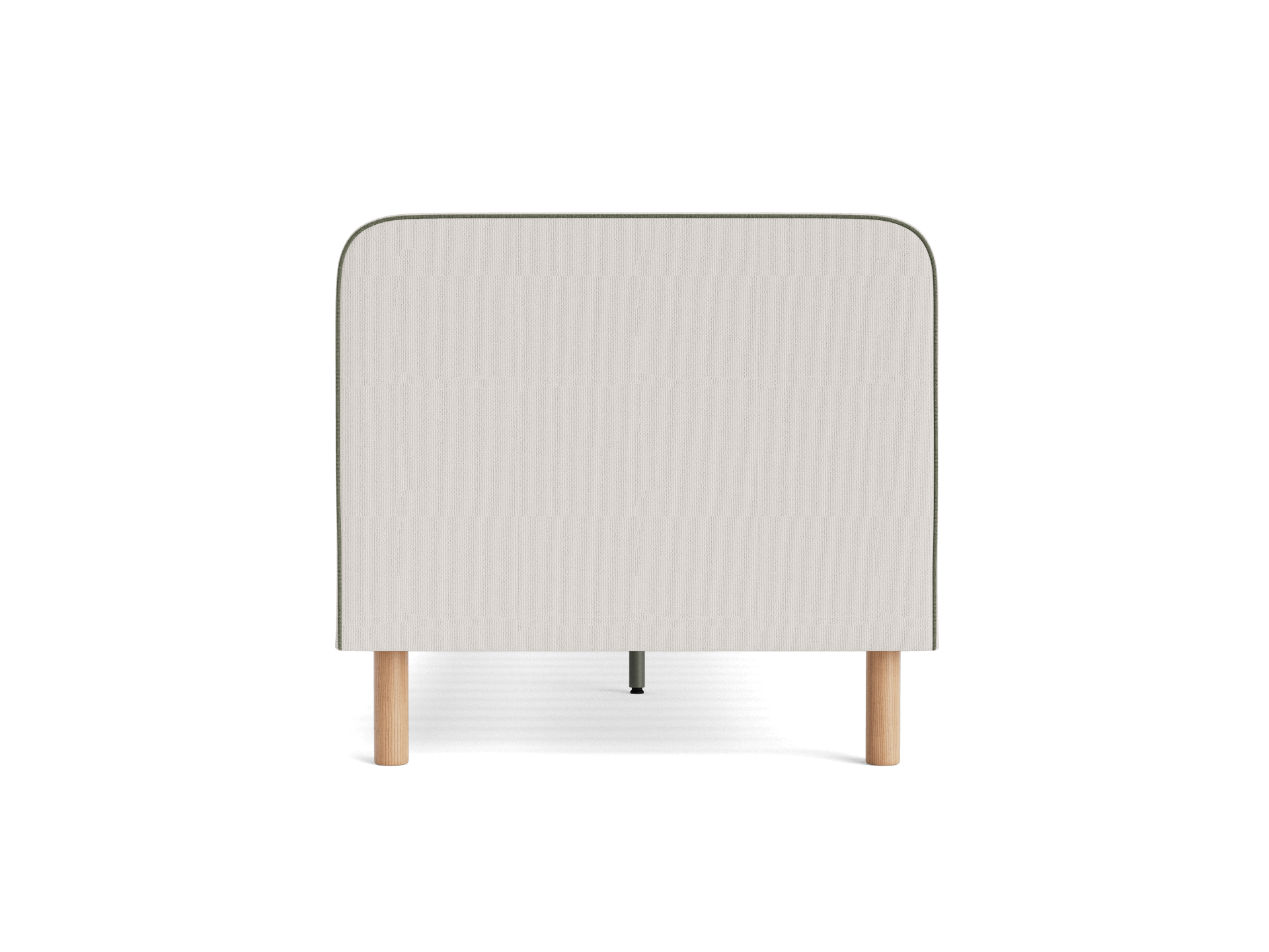 Light grey upholstered headboard with rounded top edges, supported by wooden legs. Simple, modern design.