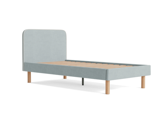 Light grey single bed frame with a simple upholstered headboard, wooden slats, and light wood legs. Modern minimalist design.