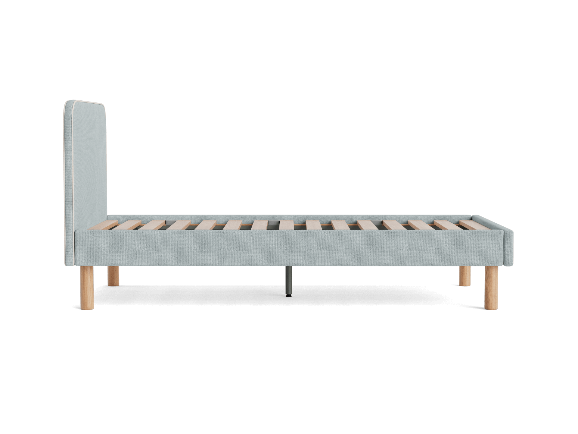 Light grey upholstered bed frame with wooden slats and round wooden legs, viewed from the side.